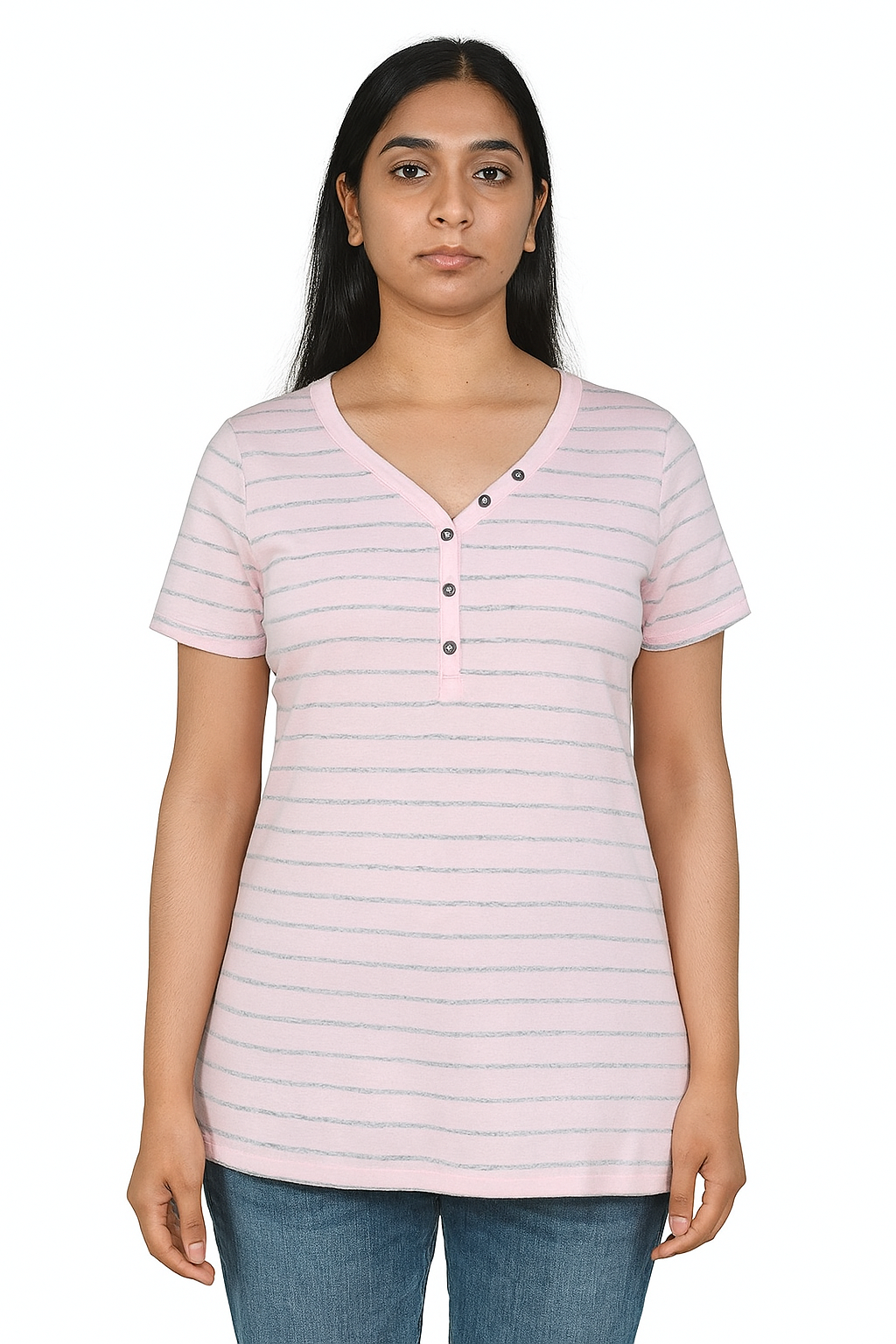 Ladies Striped Henley T Shirt
