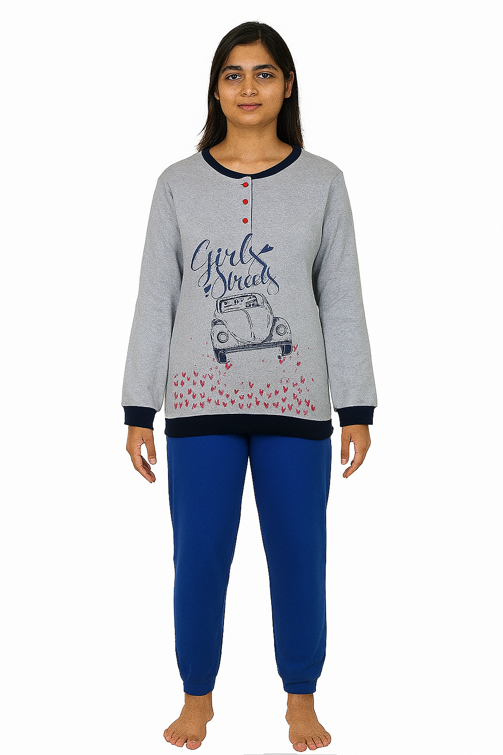 Ladies Interlock Grey-Navy Pyjama Set