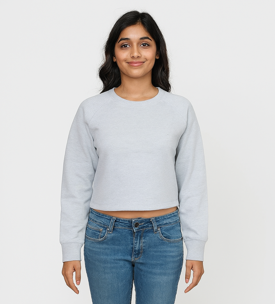 Ladies Fleece Pullover Cropped Sweatshirt Grey Melange