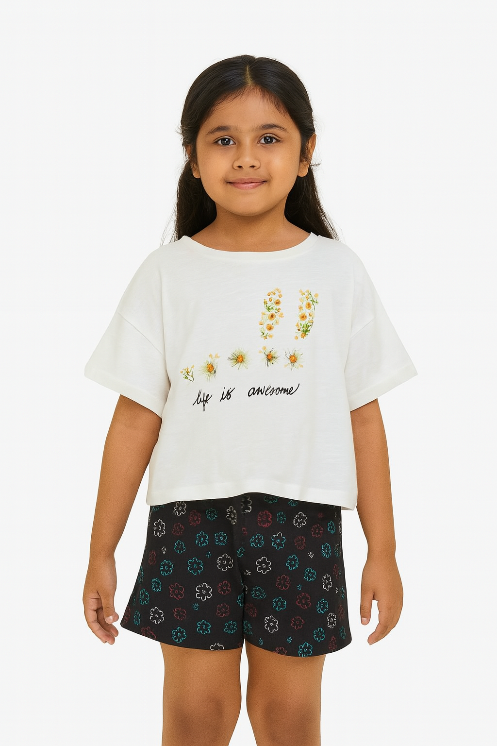 Girls White Print Crop Tee