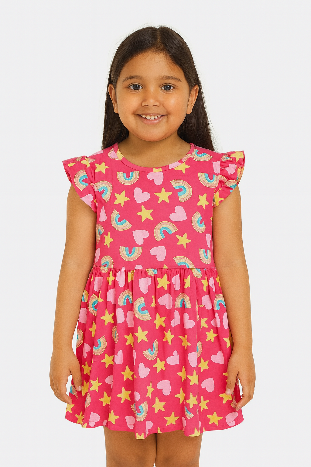 Girls Pink Rainbow Printed Dress