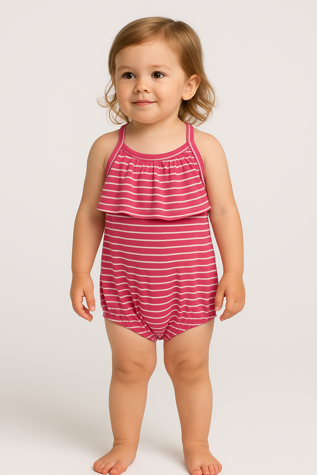 Ruffle Neck Bodysuit Pink/White Striped