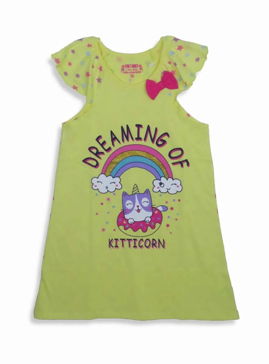 GIRLS PRINTED NIGHT DRESS YELLOW