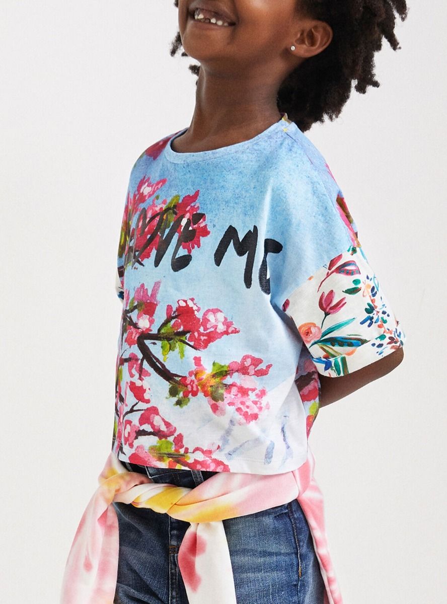 Girls Blue Floral Print Crop Tee