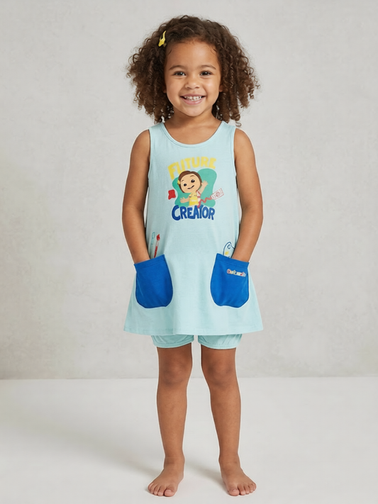 Girls Printed 2 Pc Set Dress n Shorts