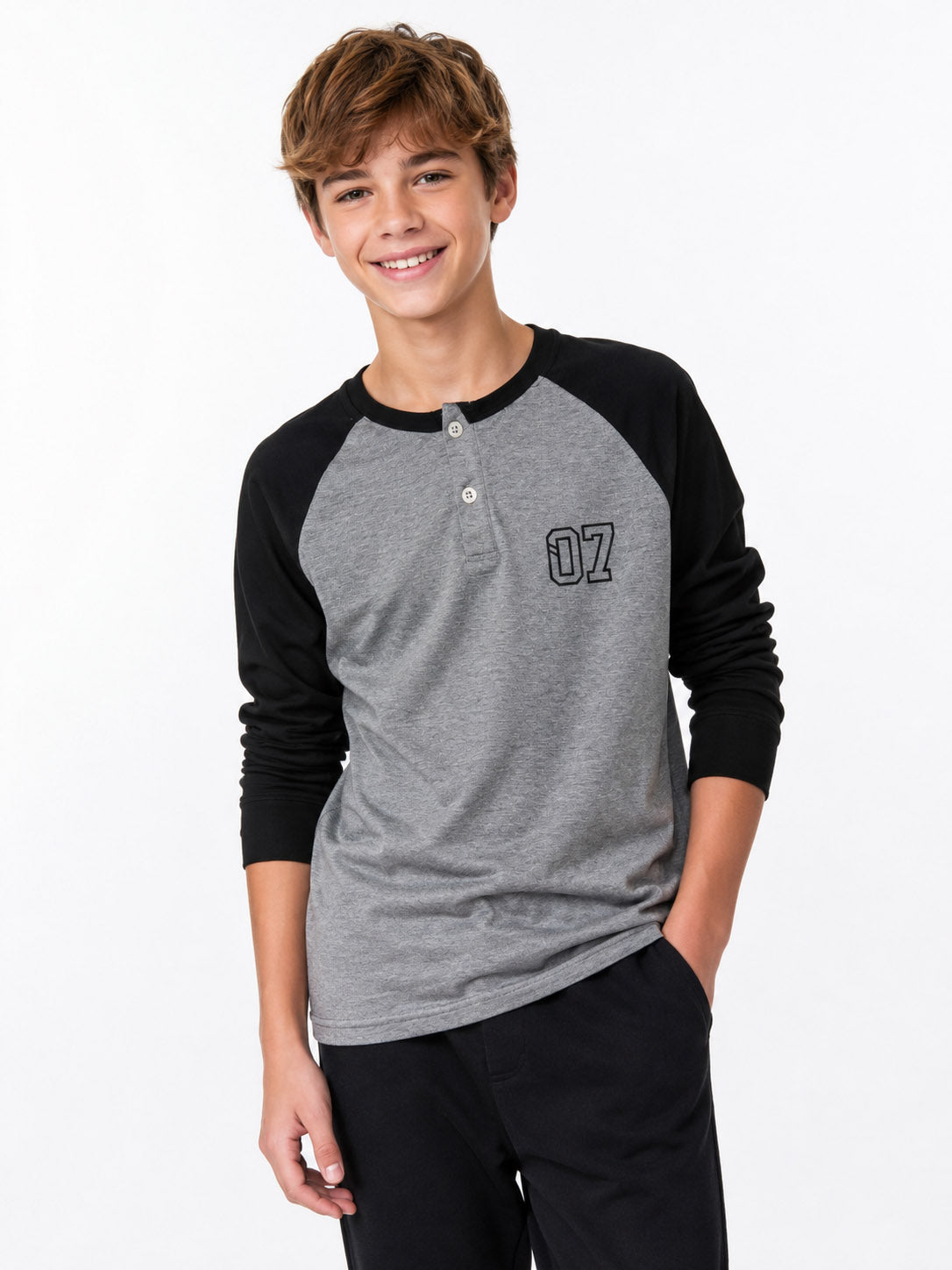 Boys Waffle Henley Grey T-Shirt