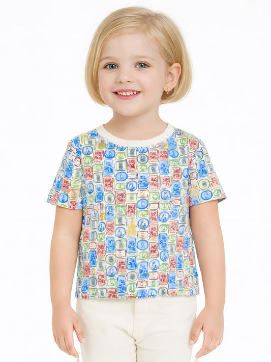 Girls Printed T Shirt White Stamps AOP