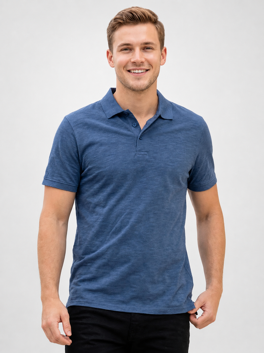 Mens Slub Textured Blue Polo Shirt