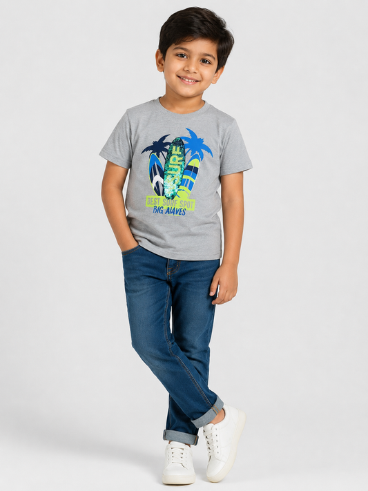 Boys Printed n Sequin T Shirt Grey Melange