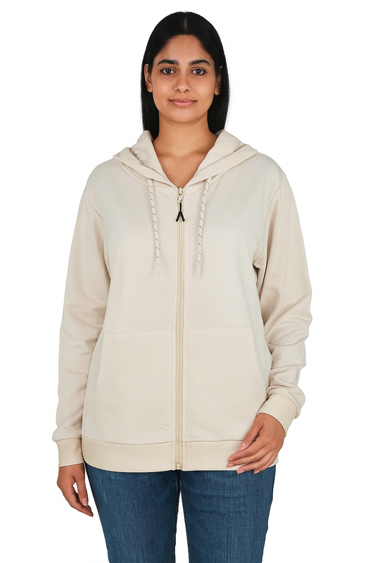 Ladies Hooded Full Zipper Sweatshirt Beige