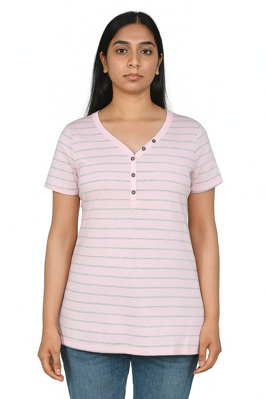 Ladies Striped Henley T Shirt
