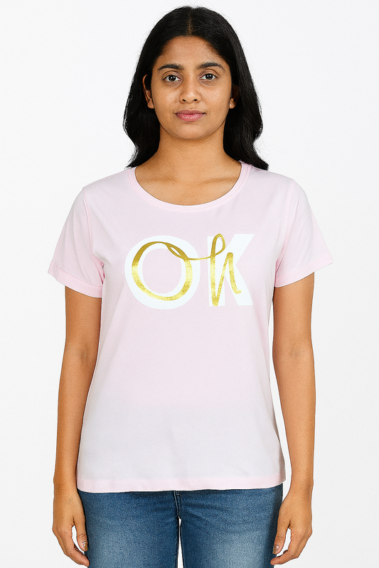 Ladies Printed Baby Pink T Shirt