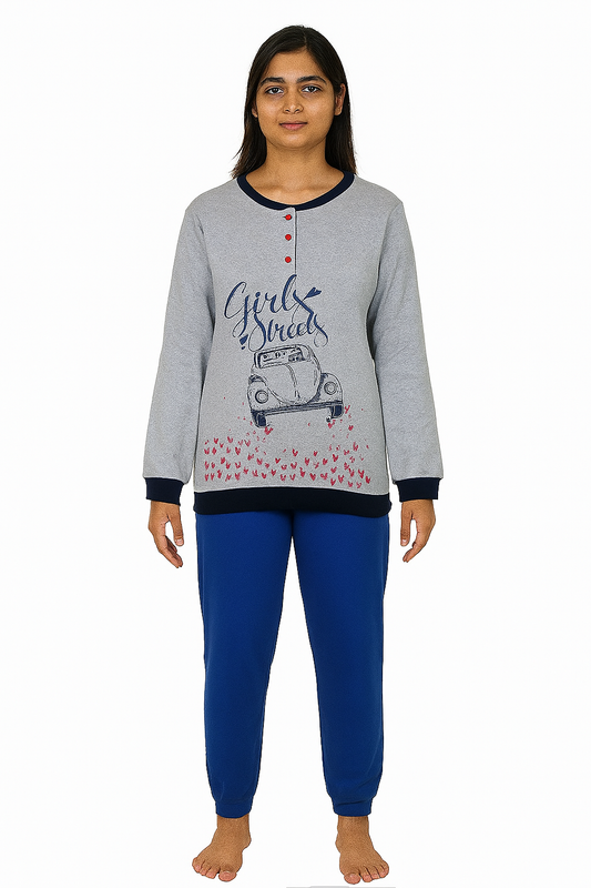Ladies Interlock Grey-Navy Pyjama Set