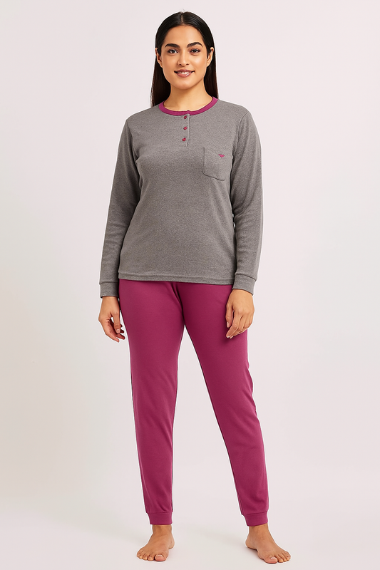 Ladies Interlock Grey Pink Pyjama Set
