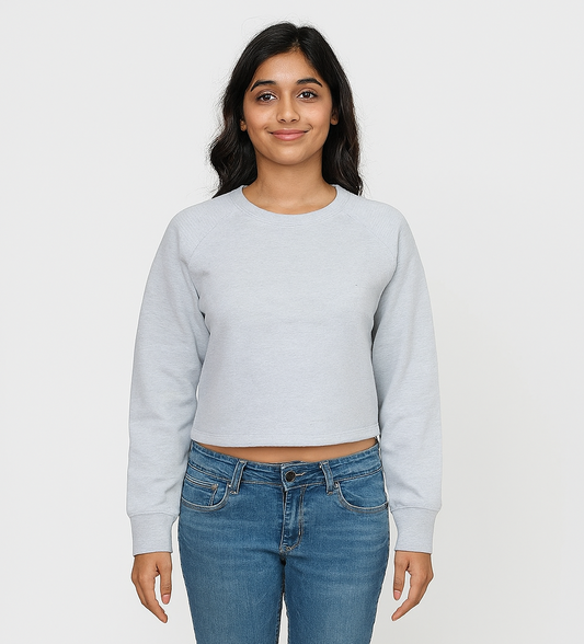 Ladies Fleece Pullover Cropped Sweatshirt Grey Melange