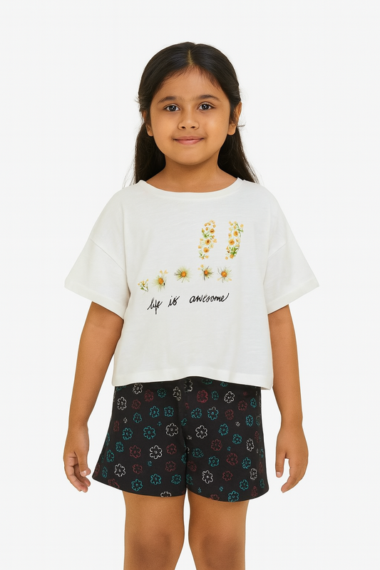 Girls White Print Crop Tee