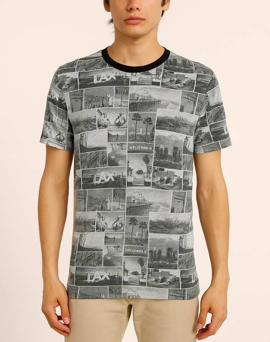Mens Printed T Shirt Grey Melange Aop