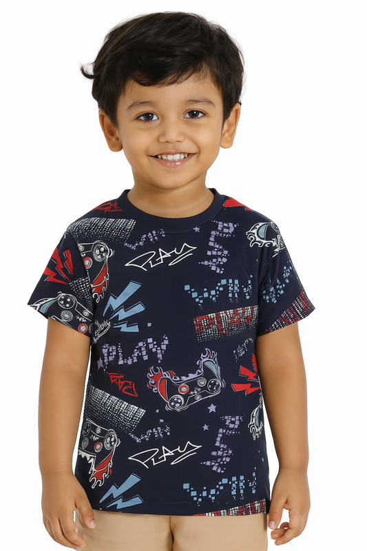 Boys Printed White N Navy T Shirts