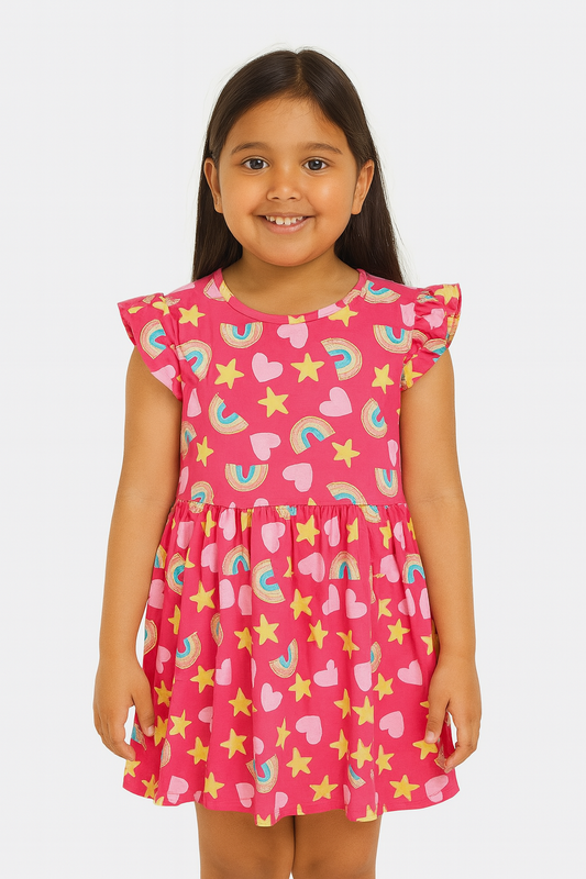 Girls Pink Rainbow Printed Dress