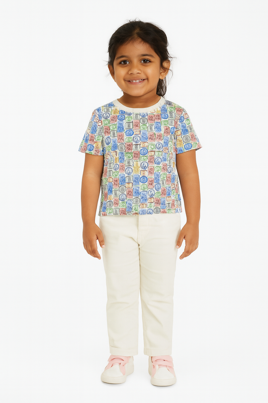 Girls Printed T Shirt White Stamps AOP