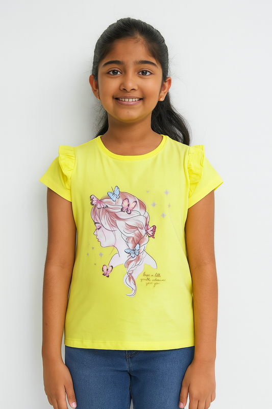 Girls Printed Yellow T-Shirt