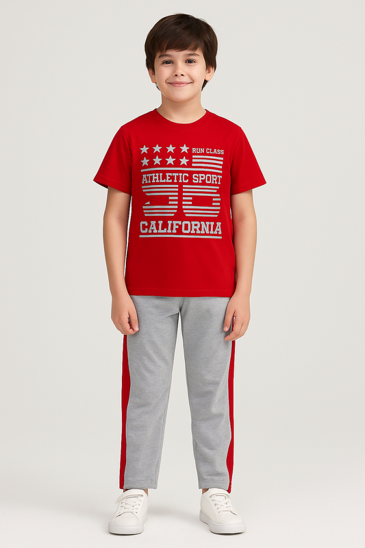 Boys Printed Red Grey Pyjama Set