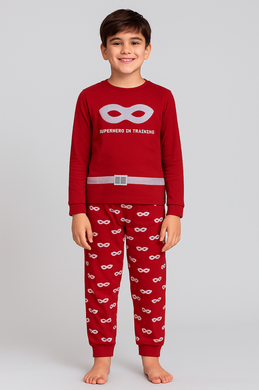 Boys Printed Red Pyjama Set