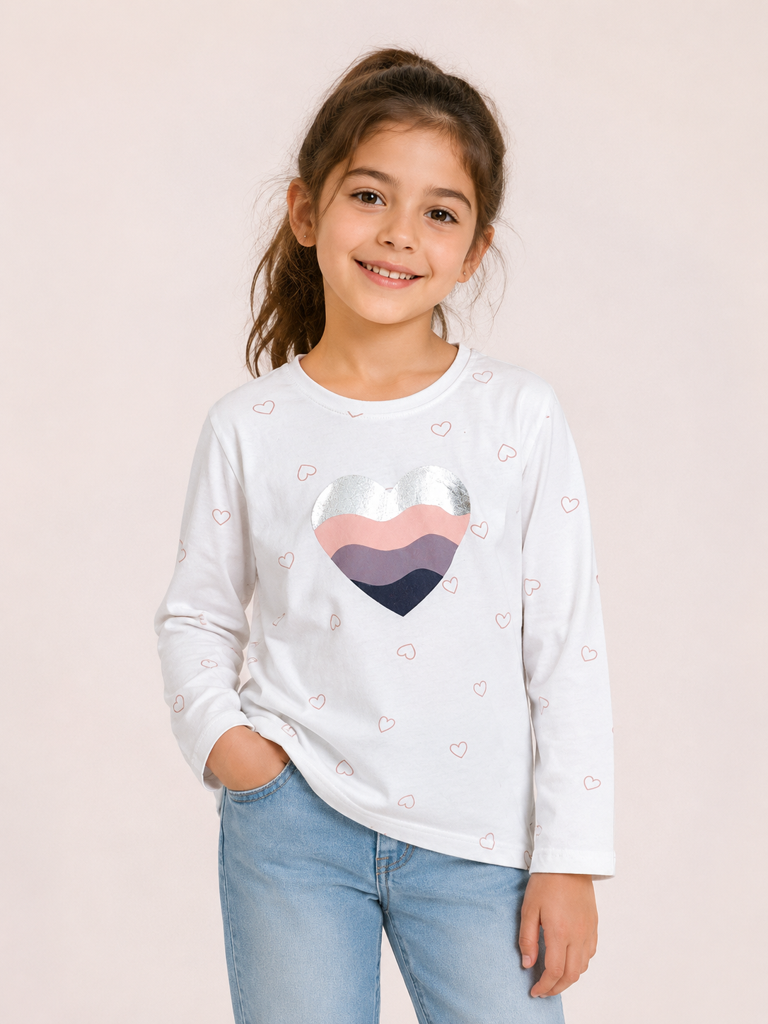 Girls Printed Off White T-Shirt