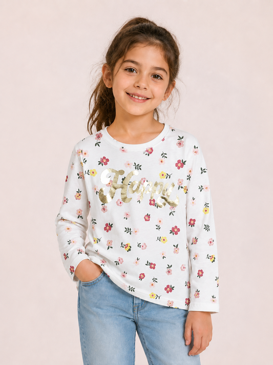 Girls Foil Printed  Ecru T-Shirt