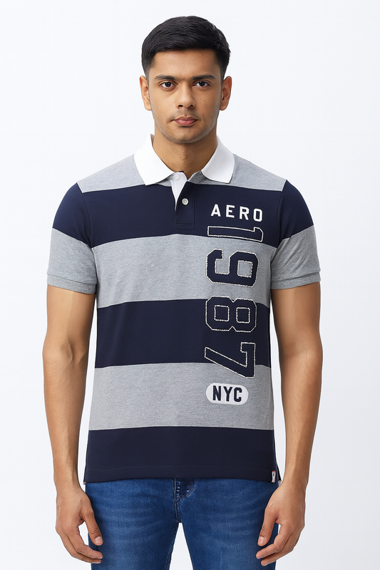 Mens Navy - Grey Striped Polo