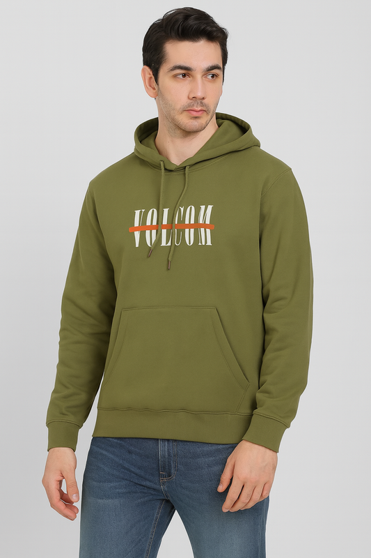 Mens Green Printed Hooded Fleece Sweatshirt