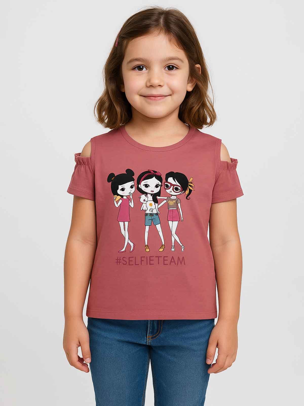Girls Printed Cold Shoulder Peach Top