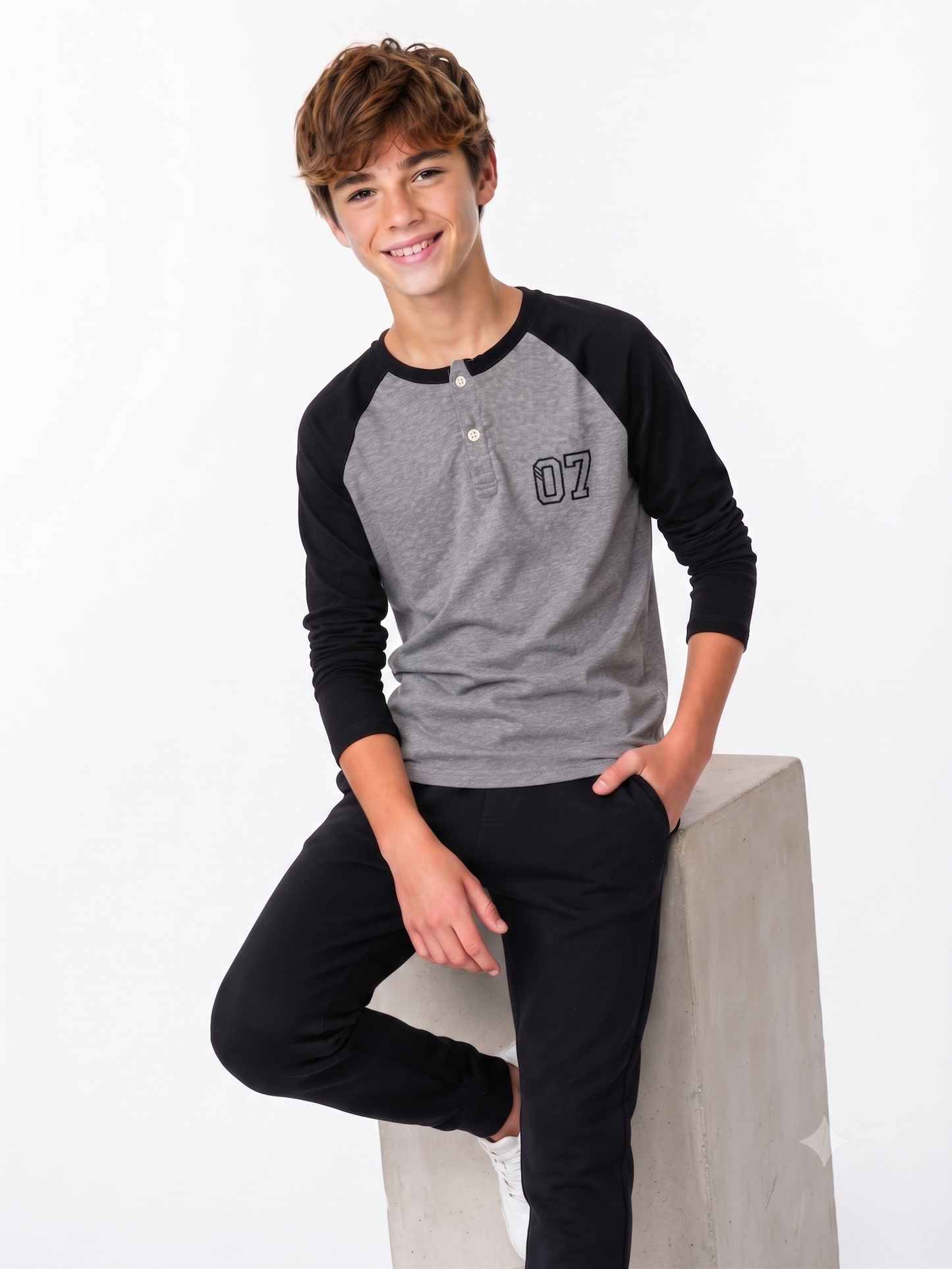 Boys Waffle Henley Grey T-Shirt POS