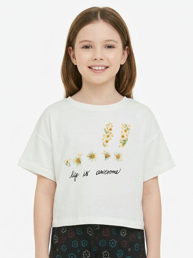 Girls White Print Crop Tee