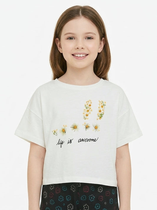 Girls White Print Crop Tee