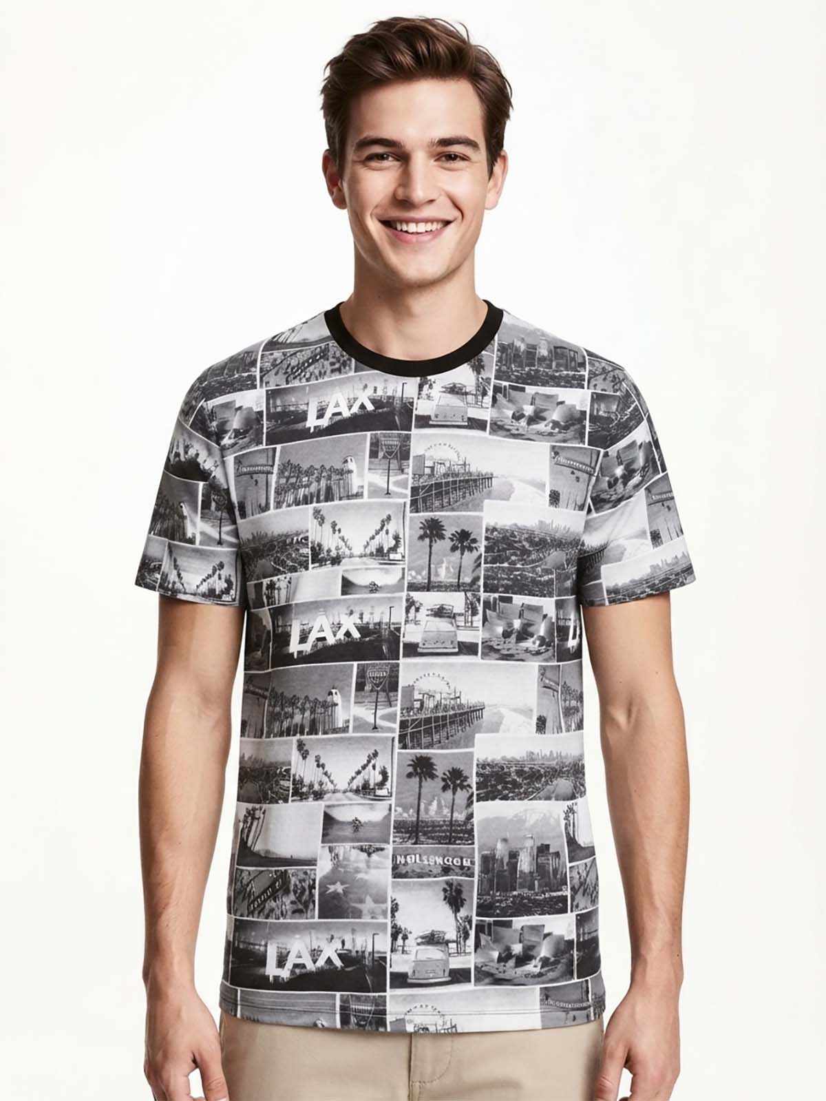 Mens Printed T Shirt Grey Melange Aop