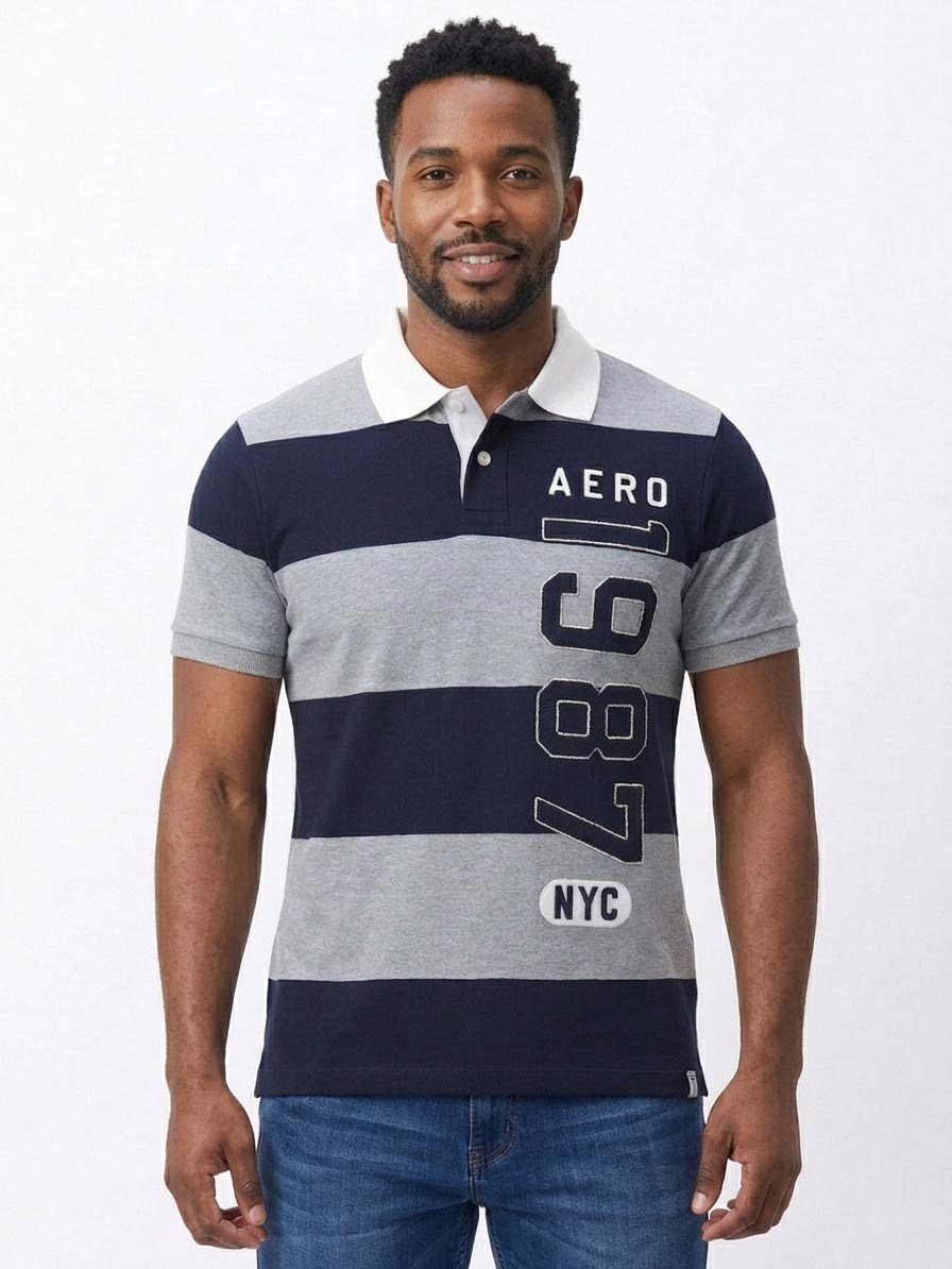 Mens Navy - Grey Striped Polo