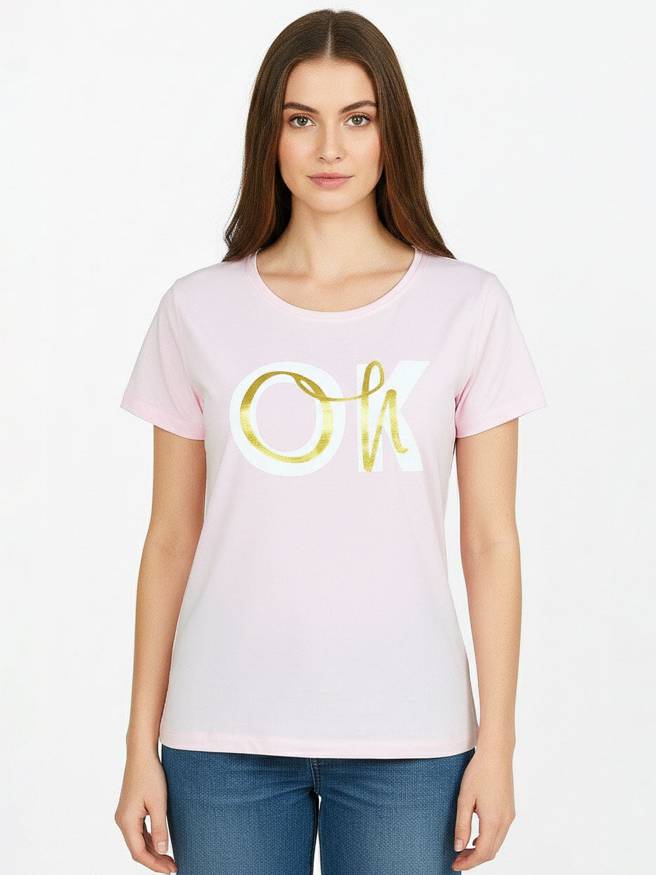 Ladies Printed Baby Pink T Shirt