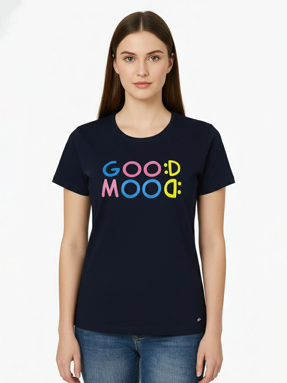 Ladies Printed Navy T Shirt