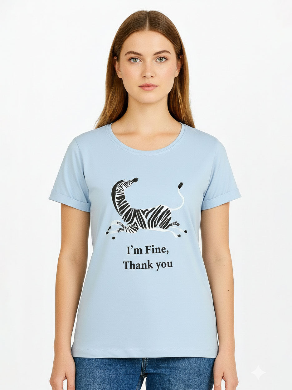 Ladies Blue Zebra Printed T Shirt