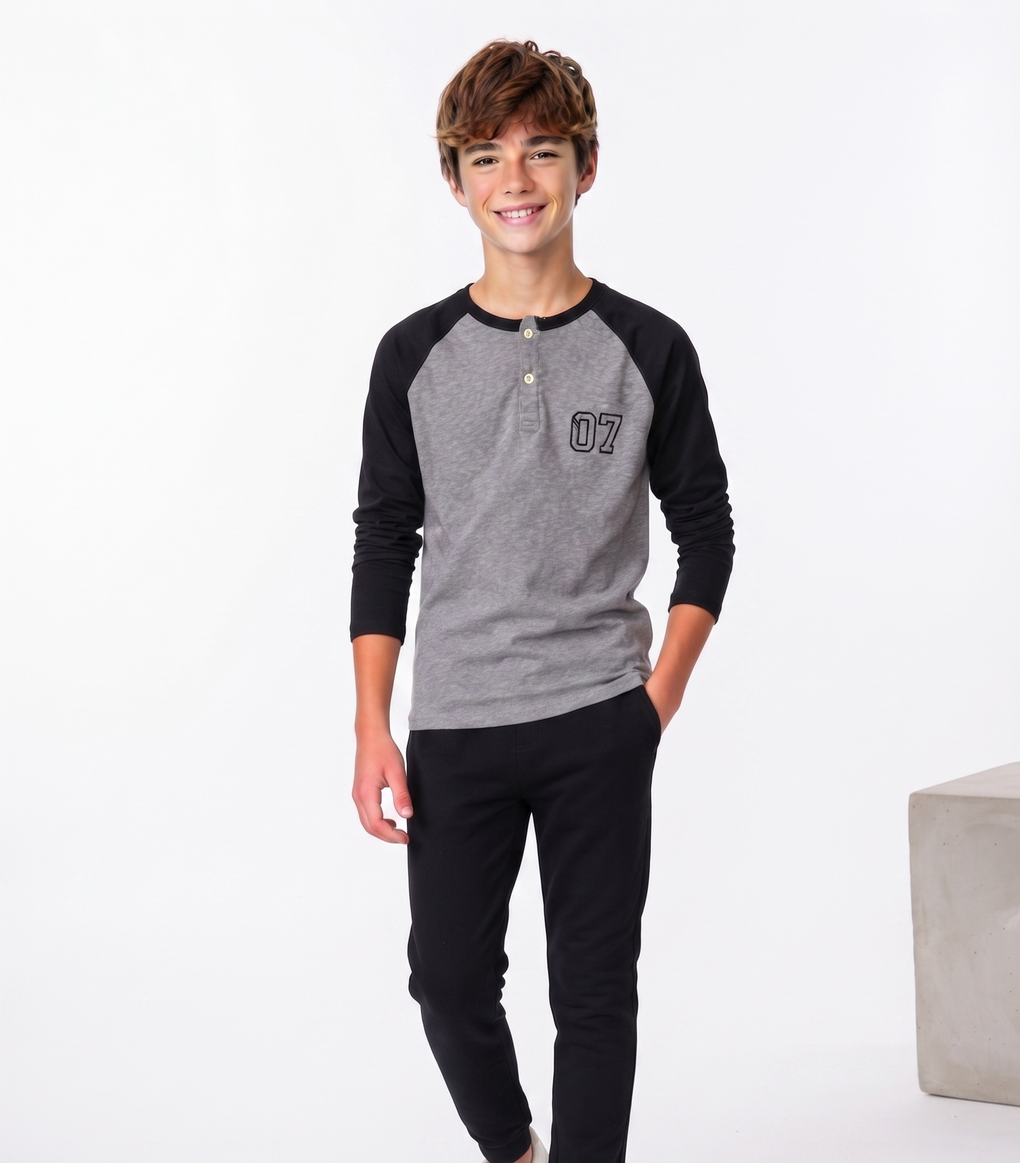 Boys Waffle Henley Grey T-Shirt POS
