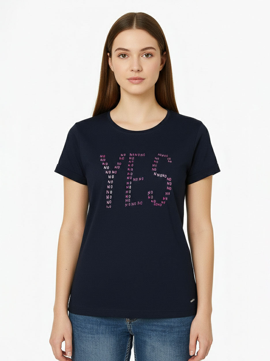 Ladies Printed Navy T Shirt