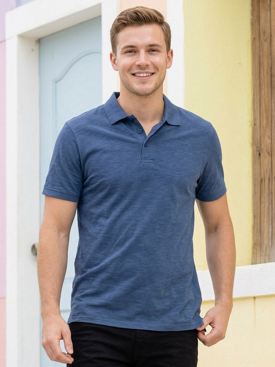 Mens Slub Textured Blue Polo Shirt