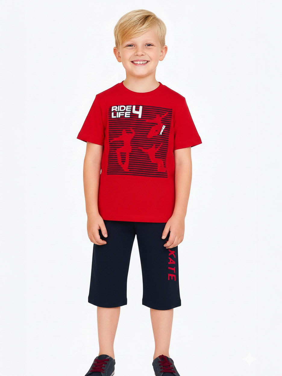 Boys Printed Shorty Set | Red