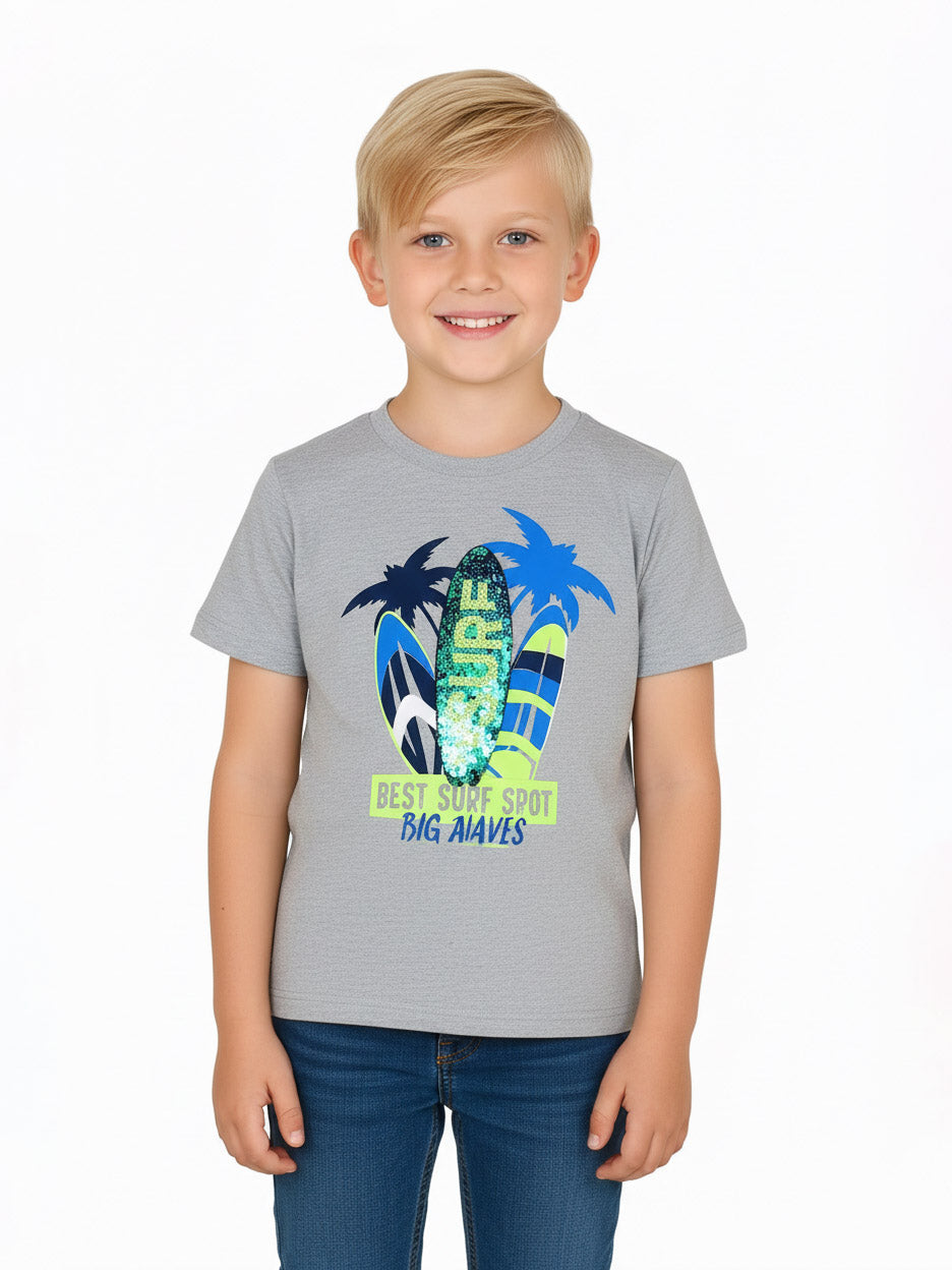 Boys Printed n Sequin T Shirt Grey Melange