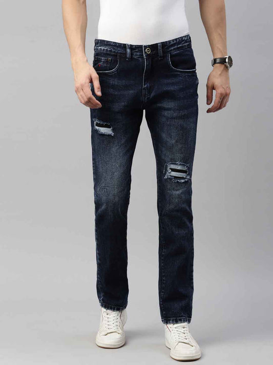Mens Washed Navy Distressed Jeans
