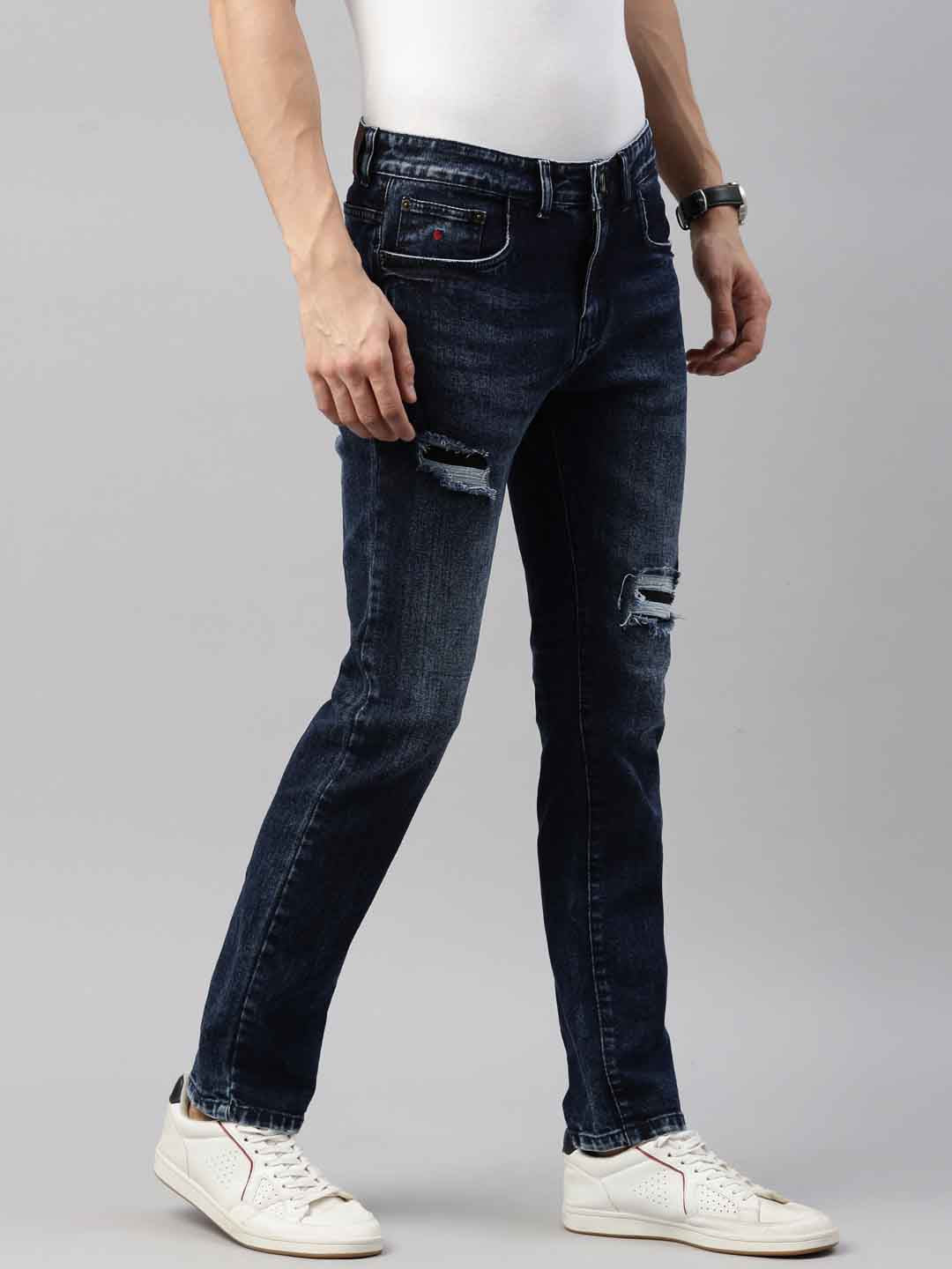 Mens Washed Navy Distressed Jeans