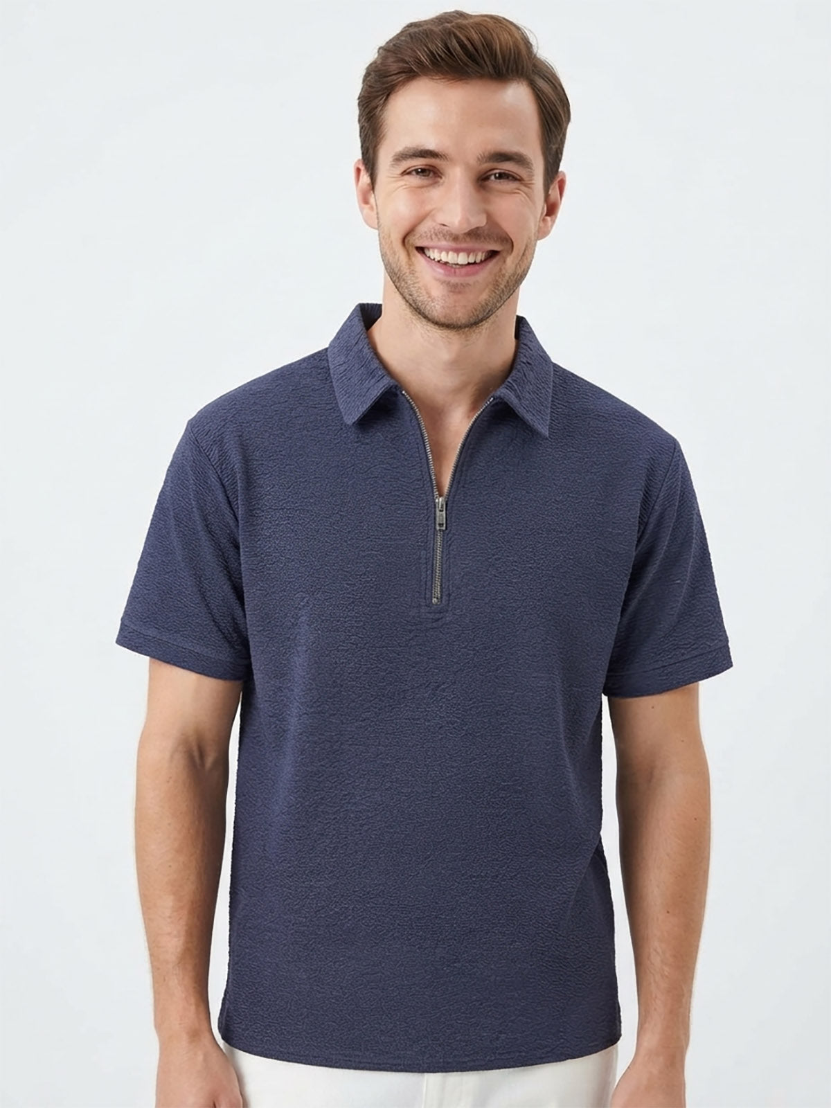 Mens Textured Zipper Polo