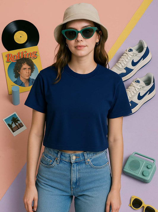 Ladies French Terry Navy Crop Top