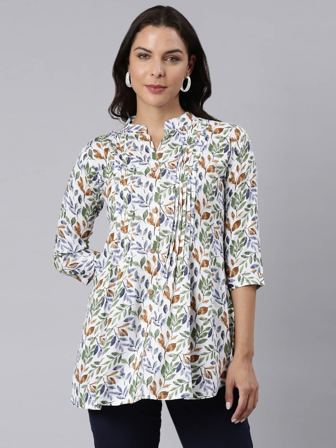 Ladies Slim Fit Green Leaf AOP Top